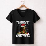All I Want for Christmas is Baby Yoda Star Wars Santa Hat Snowflakes Gifts 5 Womens V Neck.jpg