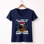 All I Want for Christmas is Baby Yoda Star Wars Santa Hat Snowflakes Gifts 9 Womens V Neck.jpg