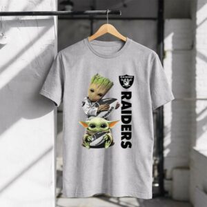 Mashup Baby Yoda And Groot Hug Oakland Raiders Shirt
