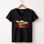 Baby Yoda Holding Football with Oklahoma Sooners 5 Womens V Neck.jpg