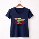 Baby Yoda Holding Football with Oklahoma Sooners 9 Womens V Neck.jpg