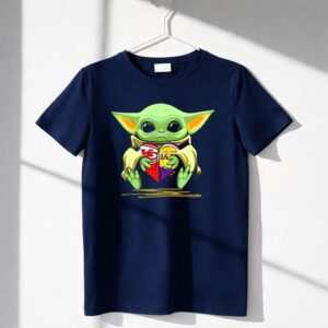 Baby Yoda Holding Mashup Logo Kansas City Chiefs and Los Angeles Lakers Heart Shirt