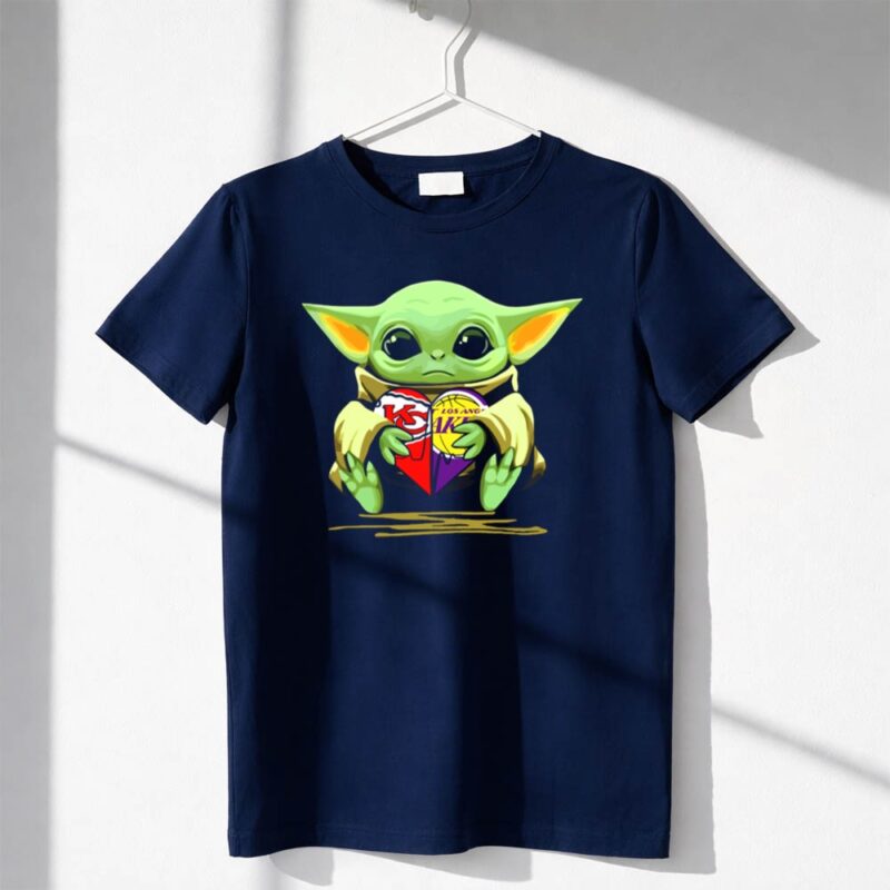 Baby Yoda Holding Kansas City Chiefs Los Angeles Lakers Heart 1 T Shirt