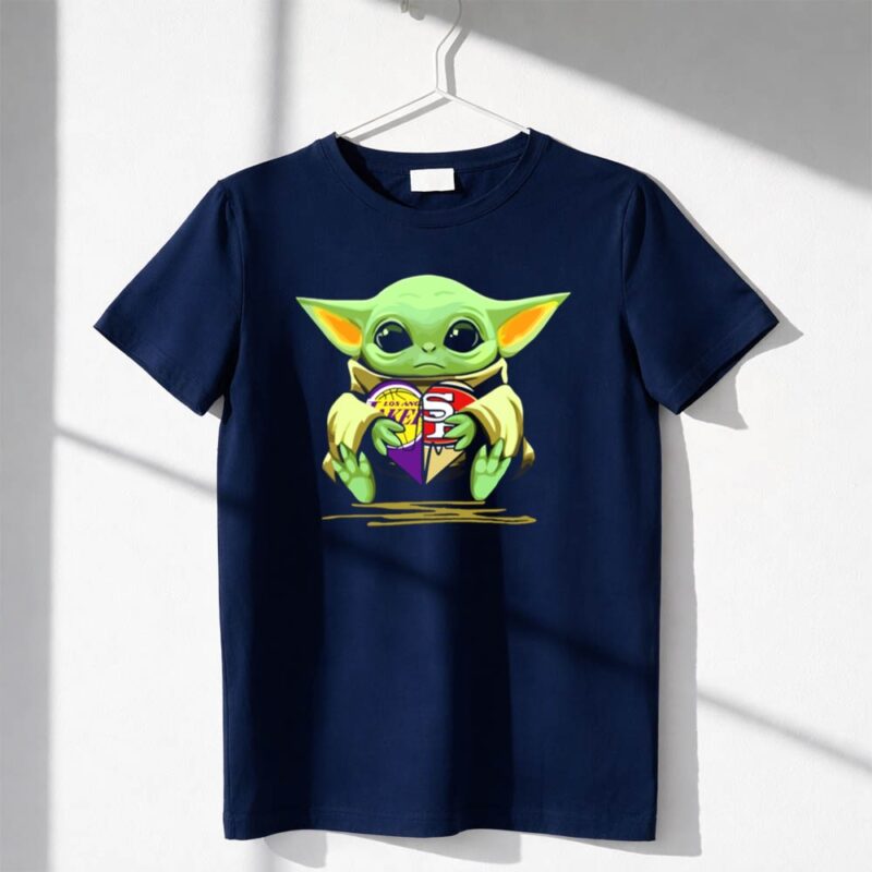 Baby Yoda Holding Los Angeles Lakers And San Francisco 49Ers Logos 1 T Shirt 1