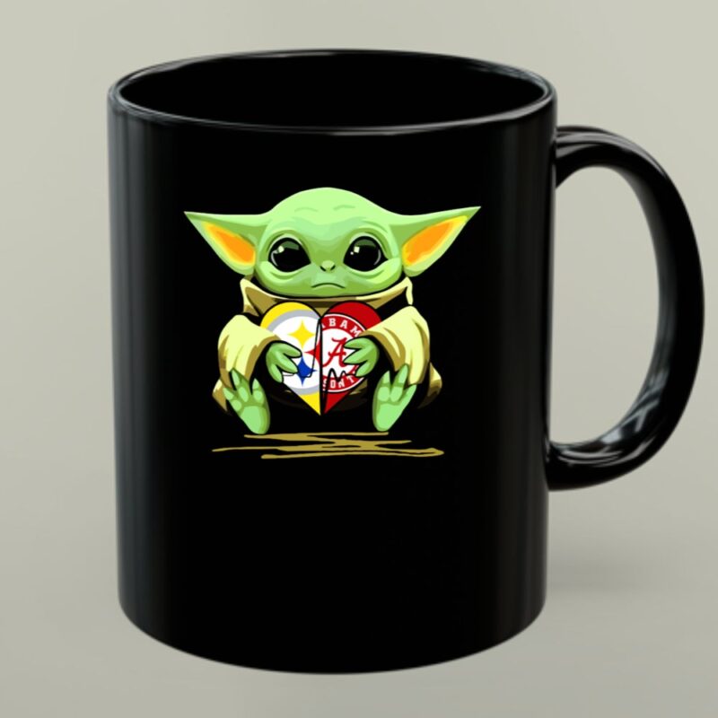 Baby Yoda Holding Pittsburgh Steelers Crimson Tide Alabama Heart 1 mug.jpg