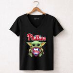 Baby Yoda Hug Philadelphia Phillies 5 Womens V Neck 1.jpg
