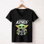 Baby Yoda Hugs The Los Angeles Kings Ice Hockey 5 Womens V Neck.jpg