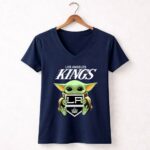 Baby Yoda Hugs The Los Angeles Kings Ice Hockey 9 Womens V Neck.jpg