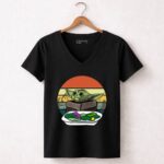 Baby Yoda Yelling At The Table Mountains 70s Sunset Forest 5 Womens V Neck.jpg