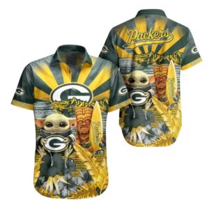 Baby Yoda and Tiki Green Bay Packers Floral Hawaiian Shirt 1.jpg