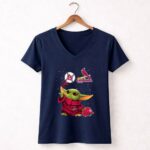 Baby Yoda with St Louis Cardinals Baseball Starry 9 Womens V Neck.jpg