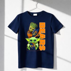 Mashup Groot And Baby Yoda Holding Chicago Bears Football Shirt