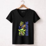 Grzd Baltimore Ravens Baby Yoda and Groot Ravens Football 5 Womens V Neck.jpg