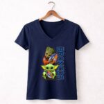 Grzd Denver Broncos Groot And Baby Yoda Holding Broncos Football 9 Womens V Neck.jpg