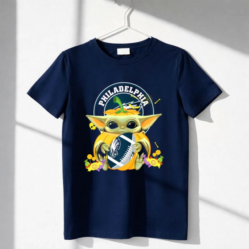 Halloween Pumpkin Baby Yoda Holding Philadelphia Eagles Football 1 T Shirt