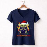 Happy Hallothanksmas Baltimore Ravens Baby Yoda 9 Womens V Neck.jpg
