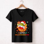 Happy Hallothanksmas Grogu Santa Pumpkin Turkey 7 Womens V Neck.jpg