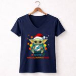 Happy Hallothanksmas Miami Dolphins Baby Yoda 9 Womens V Neck.jpg