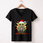 Happy Hallothanksmas New Orleans Saints Baby Yoda Holiday 5 Womens V Neck.jpg