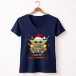Happy Hallothanksmas New Orleans Saints Baby Yoda Holiday 9 Womens V Neck.jpg