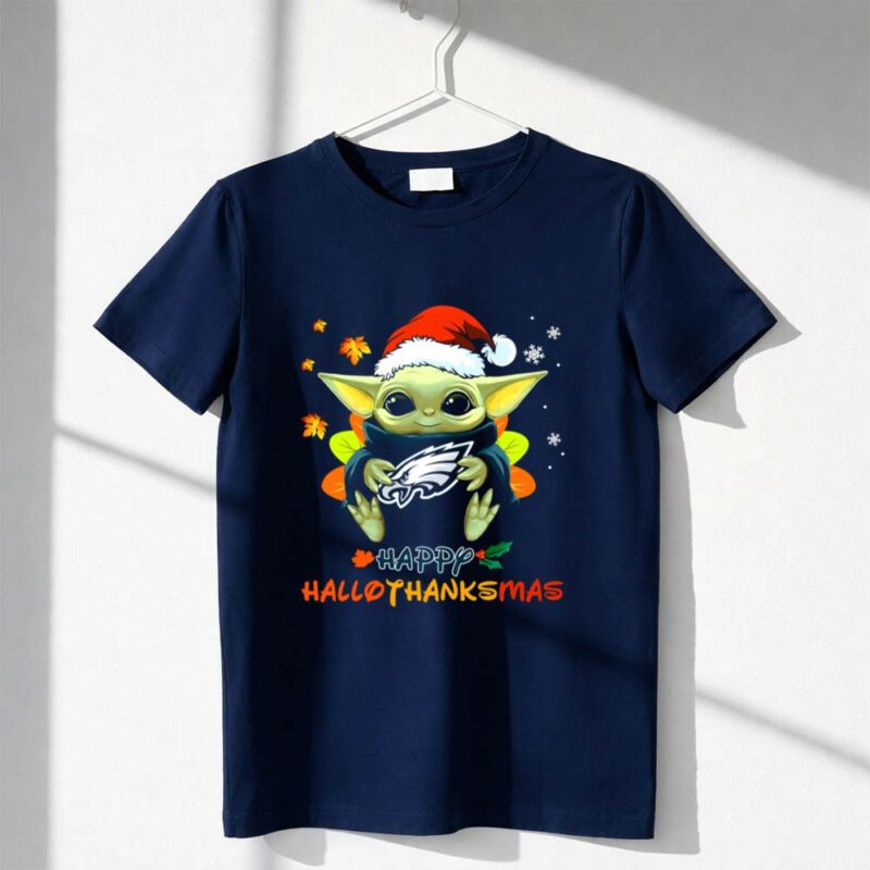 Happy Hallothanksmas Philadelphia Eagles Baby Yoda Santa Hat 1 T Shirt