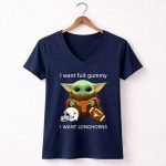I Want Fuit Gummy I Want Longhorns Baby Yoda Football Helmet 9 Womens V Neck 1.jpg