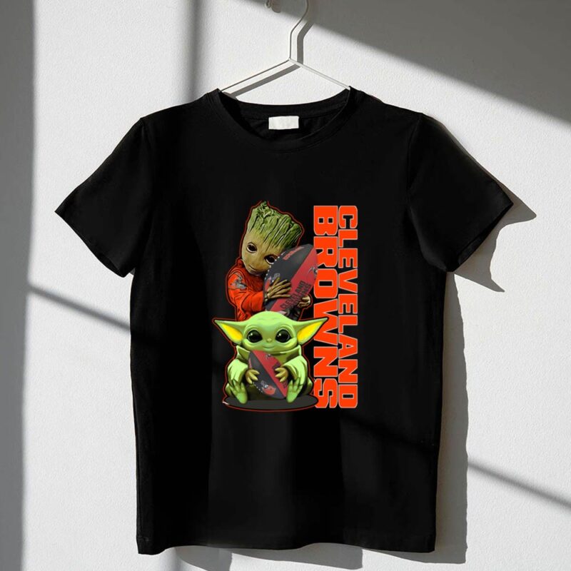 Mashup Groot and Baby Yoda Holding Football Cleveland Browns 1 T Shirt.jpg