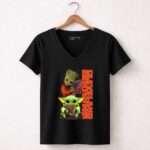 Mashup Groot and Baby Yoda Holding Football Cleveland Browns 5 Womens V Neck.jpg