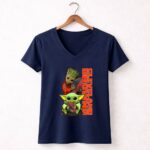 Mashup Groot and Baby Yoda Holding Football Cleveland Browns 9 Womens V Neck.jpg