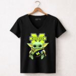 Michigan Wolverines Baby Yoda Football 5 Womens V Neck 2.jpg