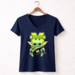 Michigan Wolverines Baby Yoda Football 9 Womens V Neck 2.jpg