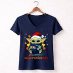New-England-Patriots-Baby-Yoda-Happy-Hallothanksmas-5-Womens-V-Neck