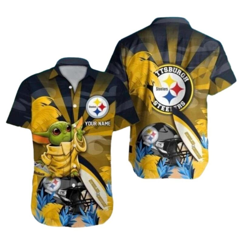 Personalized Pittsburgh Steelers Baby Yoda Sunset Pattern Hawaiian Shirt 1.jpg