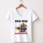 Pew Pew Madafakas Mandalorian Baby Yoda Gun Firing Scene 5 Womens V Neck.jpg