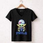 Philadelphia 76ers Baby Yoda Holding Wilson Basketball Phila 5 Womens V Neck.jpg
