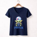 Philadelphia 76ers Baby Yoda Holding Wilson Basketball Phila 9 Womens V Neck.jpg