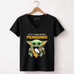 Pittsburgh Penguins Baby Yoda Holding Hockey 5 Womens V Neck 1.jpg