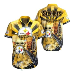 Pittsburgh Steelers Baby Yoda And Tiki Sunset Hawaiian Shirt 1.jpg