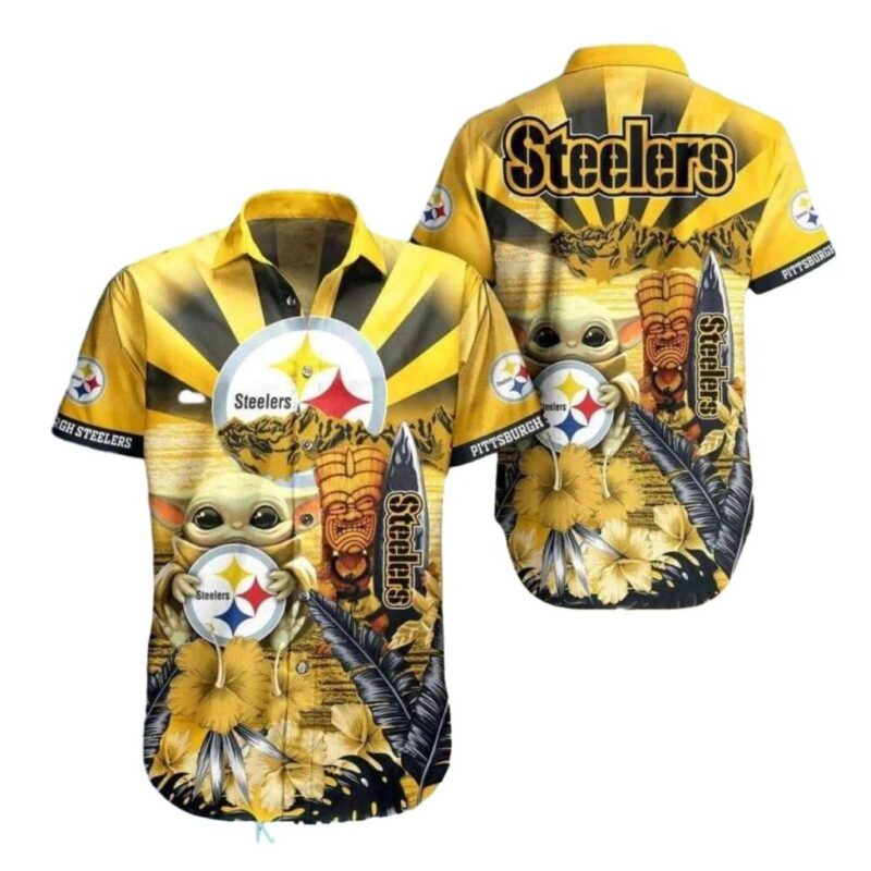 Pittsburgh Steelers Baby Yoda And Tiki Sunset Hawaiian Shirt 1.jpg