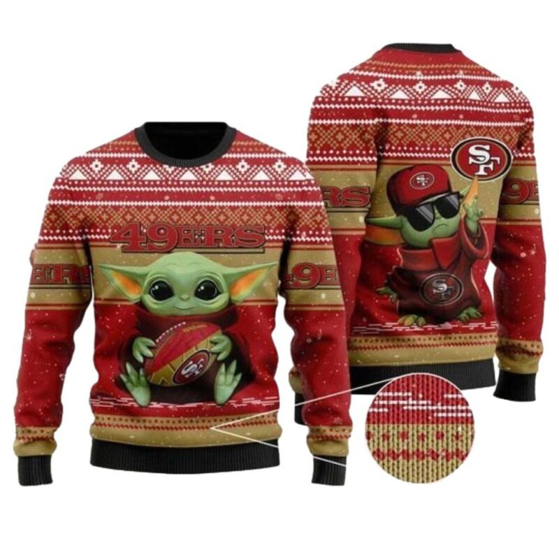 San Francisco 49ers And Baby Yoda Hug Ball Christmas Ugly Sweater 1.jpg
