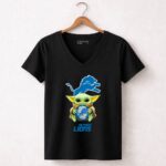 Star Wars Baby Yoda Holding Detroit Lions Symbol with Team 5 Womens V Neck.jpg