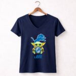 Star Wars Baby Yoda Holding Detroit Lions Symbol with Team 9 Womens V Neck.jpg