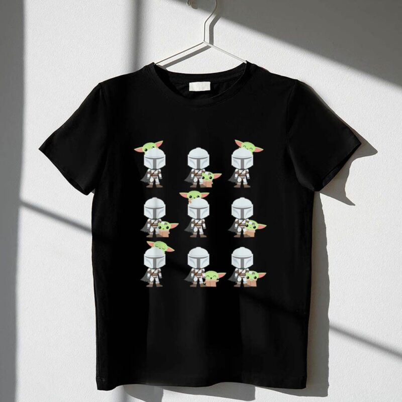 Star Wars The Mandalorian Baby Yoda Expressions Multiple Poses with Helmeted Hero 1 T Shirt.jpg