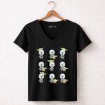 Star Wars The Mandalorian Baby Yoda Expressions Multiple Poses with Helmeted Hero 5 Womens V Neck.jpg
