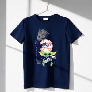 Yankees Baby Yoda With Seahawks And Guardians Of The Galaxy Groot Shirt