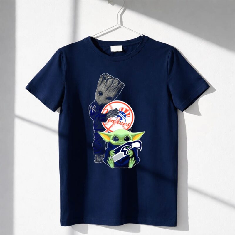 Yankees Baby Yoda With Seahawks And Guardians Of The Galaxy Groot 1 T Shirt